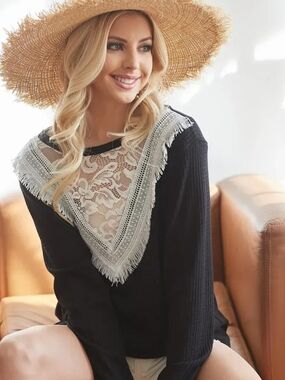 BiBi Black Long Sleeve Top with White Lace Fringe Bib